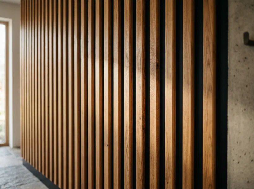 Nahaufnahme einer Holzlamellenwand mit Lichtstreifen (KI-generiertes Bild)
