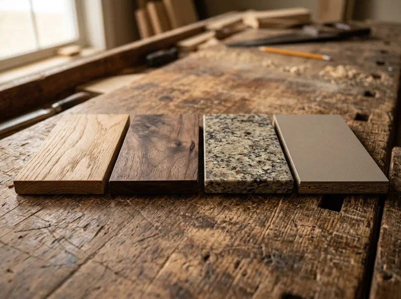Material- und Holzmuster für eine Tischlerküche auf der Werkbank (KI-generiertes Bild)