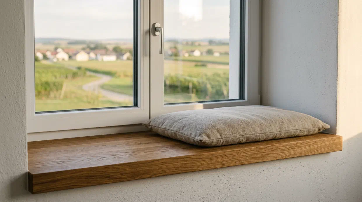 Sitzplatz aus geölter Eiche in einer tiefen Fensternische mit Leinenkissen und Blick auf Weingärten (KI-generiertes Bild)