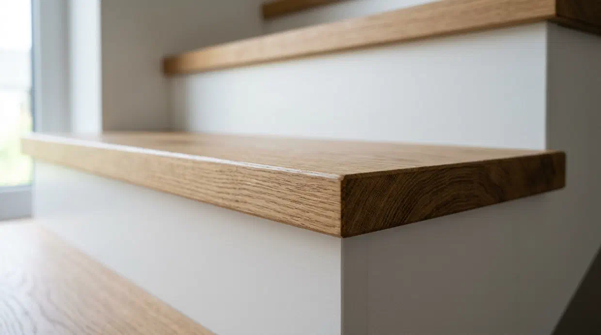Nahaufnahme einer Holzstufe mit geölter Oberfläche (KI-generiertes Bild)